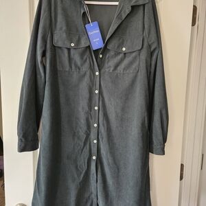 Casual V-Neck Long Sleeve Shirt Dress - Dark Green